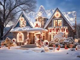 ai généré la nuit de une Accueil extérieur transformé dans une hiver pays des merveilles avec éblouissant Noël lumières, gonflable bonhomme de neige, et une magnifique Noël arbre orné avec ornements photo