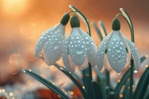 ai généré perce-neige fleurs avec rosée gouttes sur leur pétales, épanouissement dans une tranquille jardin paramètre, paisible et pur, doux pastel Contexte photo