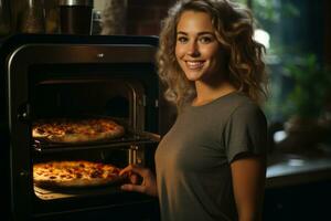 ai généré une contenu femme prend une Pizza en dehors de une multifonction four dans une bien équipé cuisine. photo