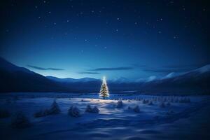 ai généré de fête décoration de une Noël arbre dans le milieu de le forêt. photo