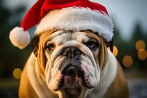 ai généré bouledogue dans une Père Noël claus chapeau sur le rue. photo