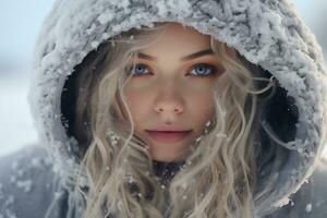 ai généré portrait de une magnifique Jeune femme pendant chute de neige. photo