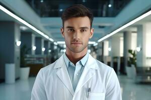 ai généré portrait de une médecin dans une hôpital couloir. photo