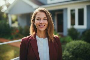 ai généré portrait de une agent immobilier sur le Contexte de une magnifique maison. photo