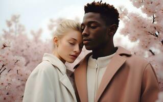 ai généré portrait de une charmant couple dans l'amour. photo