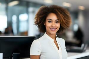 ai généré portrait de une femme travail dans le bureau. photo