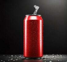 ai généré rouge un soda pouvez avec l'eau gouttes sur noir Contexte. 3d illustration photo