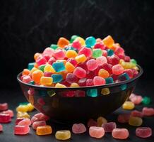 ai généré coloré des sucreries dans une bol sur noir arrière-plan, sélectif concentrer photo