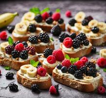 ai généré délicieux Bruschetta avec crème fromage, framboises et mûres photo