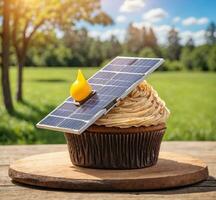 ai généré petit gâteau avec bougie et solaire panneau sur en bois table dans la nature photo
