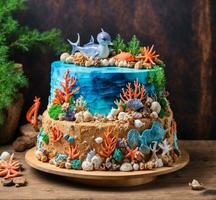 ai généré gâteau décoré avec algue, étoile de mer, coraux et coquilles photo