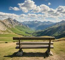 ai généré banc sur le Haut de une Montagne dans le dolomie, Italie photo