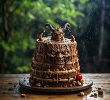 ai généré Chocolat gâteau avec diable klaxon sur en bois tableau. Halloween concept. photo