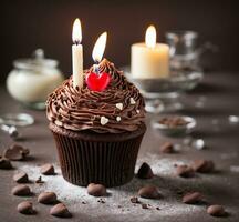 ai généré Chocolat petit gâteau avec Chocolat crème et brûlant bougies sur une marron Contexte photo