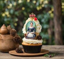 ai généré petit gâteau avec une magnifique femme dans une couronne sur le Haut photo