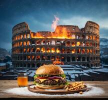 ai généré Hamburger et frites dans de face de colisée dans Rome, Italie photo