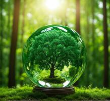 ai généré verre globe avec une vert arbre à l'intérieur dans le forêt. écologie et environnement concept. photo