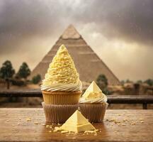 ai généré petit gâteau avec fromage sur en bois table dans de face de pyramides photo