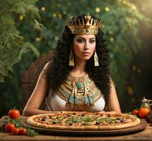 ai généré une magnifique fille dans une couronne avec une Pizza sur une en bois tableau. photo