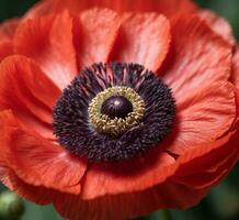 ai généré proche en haut de une rouge coquelicot fleur. peu profond profondeur de champ. photo