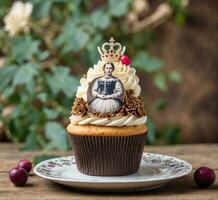 ai généré petit gâteau avec une couronne et une reine sur le Haut. photo