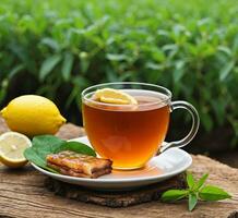 ai généré tasse de thé avec citron et menthe feuilles sur une en bois tableau. photo