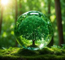 ai généré cristal Balle avec vert arbre dans le forêt. écologie et environnement concept photo