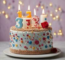 ai généré anniversaire gâteau avec bougies sur table sur flou lumières arrière-plan, fermer photo
