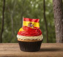 ai généré petit gâteau avec drapeau de Espagne sur Haut sur en bois table en plein air photo