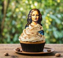 ai généré petit gâteau avec une statue de le vierge Marie sur une en bois table photo