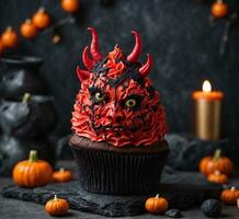 ai généré Halloween petit gâteau avec rouge glaçage et diable cornes sur une foncé Contexte photo