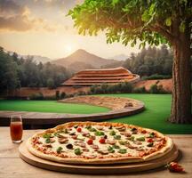 ai généré Pizza avec champignons, tomates, et fromage sur une en bois table avec une vue de le le golf cours photo