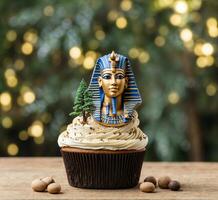 ai généré petit gâteau avec égyptien Dieu pharaon sur bokeh Contexte photo