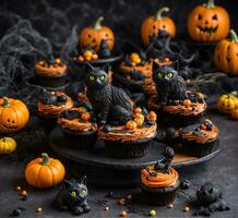 ai généré Halloween petits gâteaux avec noir chats et citrouilles, sélectif concentrer photo