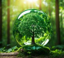 ai généré cristal Balle avec vert arbre dans le forêt. écologie et environnement concept photo