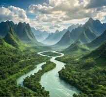 ai généré magnifique paysage avec une rivière et montagnes dans le arrière-plan, Chine photo