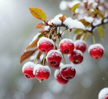 ai généré rouge pommes sur une branche couvert avec neige dans le hiver forêt. photo