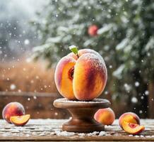 ai généré Frais les pêches avec neige sur en bois table dans de face de Noël arbre photo