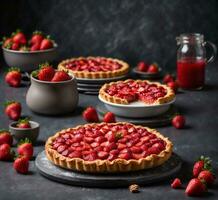 ai généré fraise Tarte avec Frais baies sur foncé Contexte. sélectif se concentrer. photo