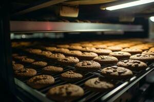 ai généré délicieux Assemblée une usine ligne produit Chocolat biscuits avec rythmique précision photo