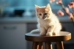 ai généré bleu regardé beauté Jeune chaton avec étourdissant bleu yeux, rouge et blanc photo