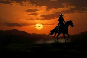ai généré cow-boy sur à cheval une cow-boy monte dans le d'or teintes de le le coucher du soleil photo