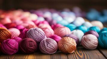 ai généré multicolore des balles de tricot fil mensonge sur une en bois tableau. copie espace. endroit pour texte. photo