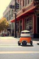 ai généré livraison robot est conduite vers le bas ville rue. autonome dernier mile livraison concept. ai généré photo