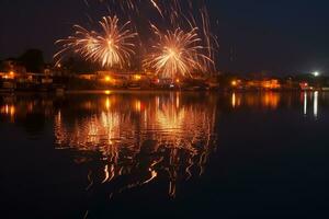 ai généré feux d'artifice plus de le rivière à nuit photo