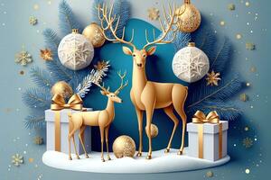 ai généré Noël carte avec cerf et cadeaux photo