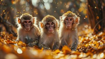 ai généré singe famille séance sur le sol dans le forêt et à la recherche à caméra photo