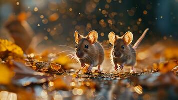 ai généré Trois peu marron Souris avec d'or bokeh Contexte. Noël et Nouveau année concept. photo