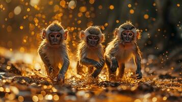 ai généré singe famille séance sur le sol dans le forêt et à la recherche à caméra photo