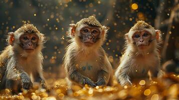 ai généré singe famille séance sur le sol dans le forêt et à la recherche à caméra photo